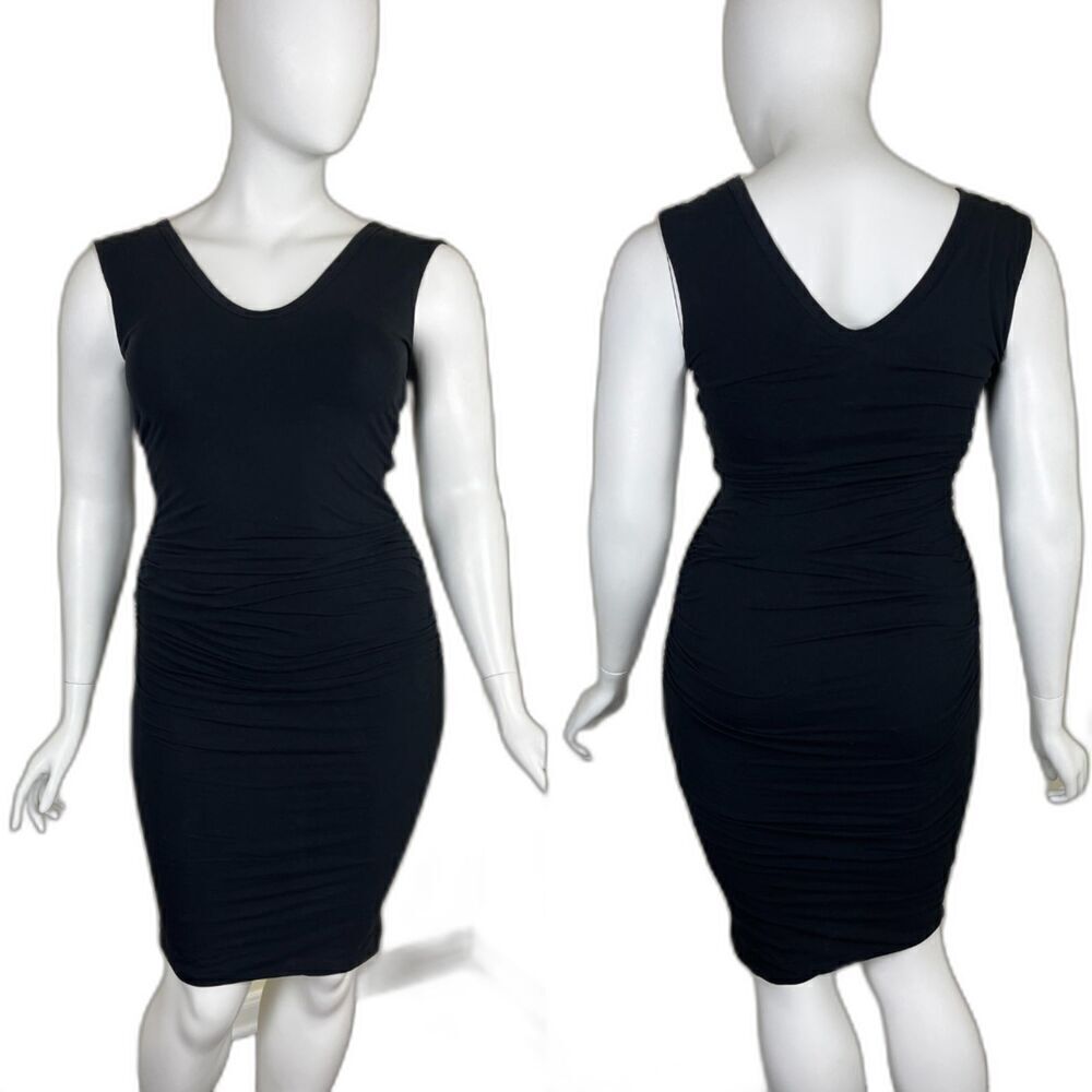 James Perse Women's Size 3 Black Ruched Wide Strap Bodycon Dress Minimal Casual